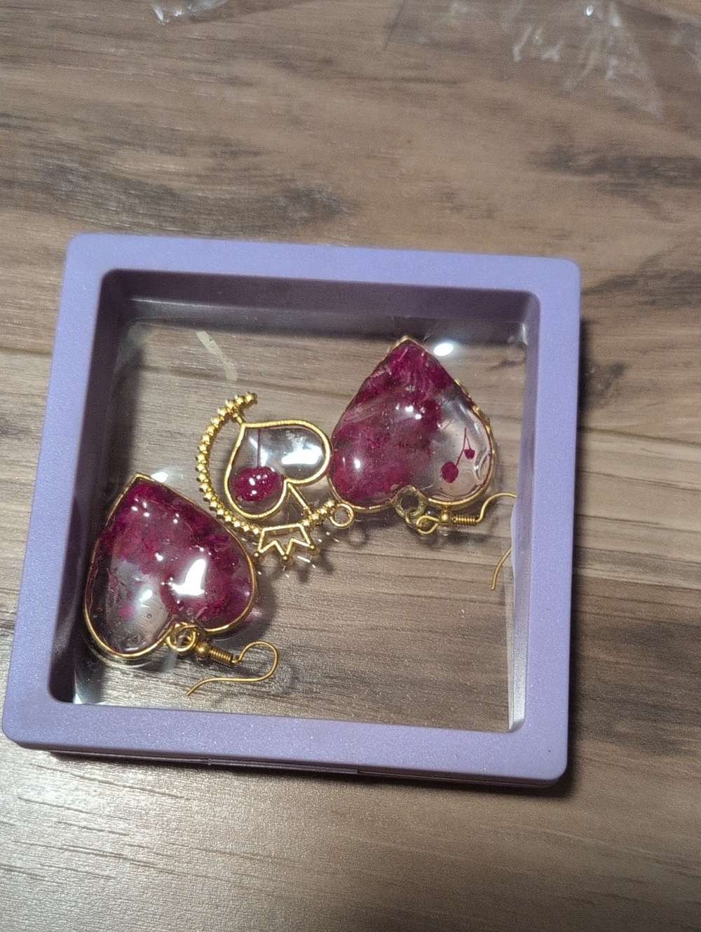 Gold-Plated Heart Drop Earrings with Pink Resin Inlay Handmade